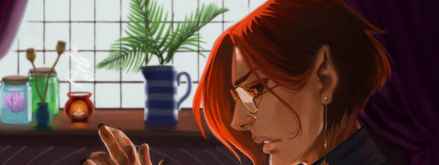 A red-haired character is looking at their hands, backlit by the window in the room