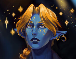 A blue-skinned elf with golden hair, surrounded by stars