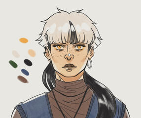 A character reference sheet, the character has white hair, yellow eyes, and freckles.