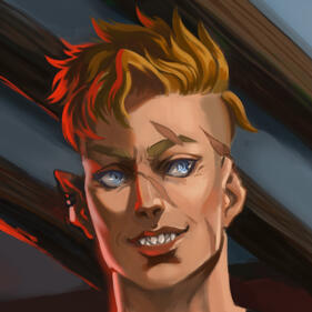 A headshot of a vampire. They are facing to the right and she has a slight smile on her face. She has pale skin and white blond